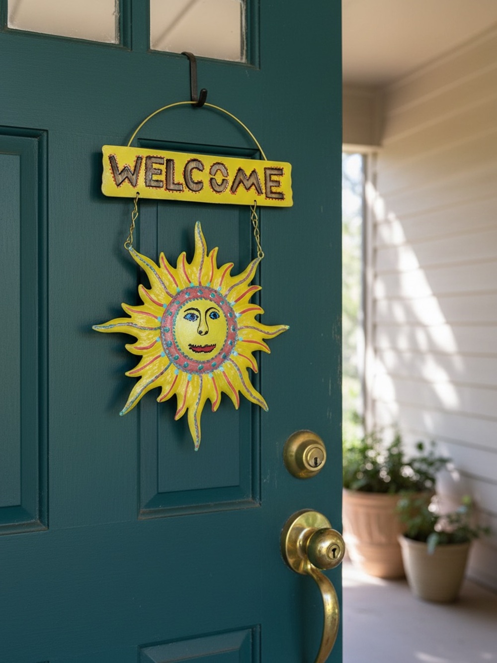 Hand crafted painted Welcome sign metal Sun face door hanger garden decor yellow